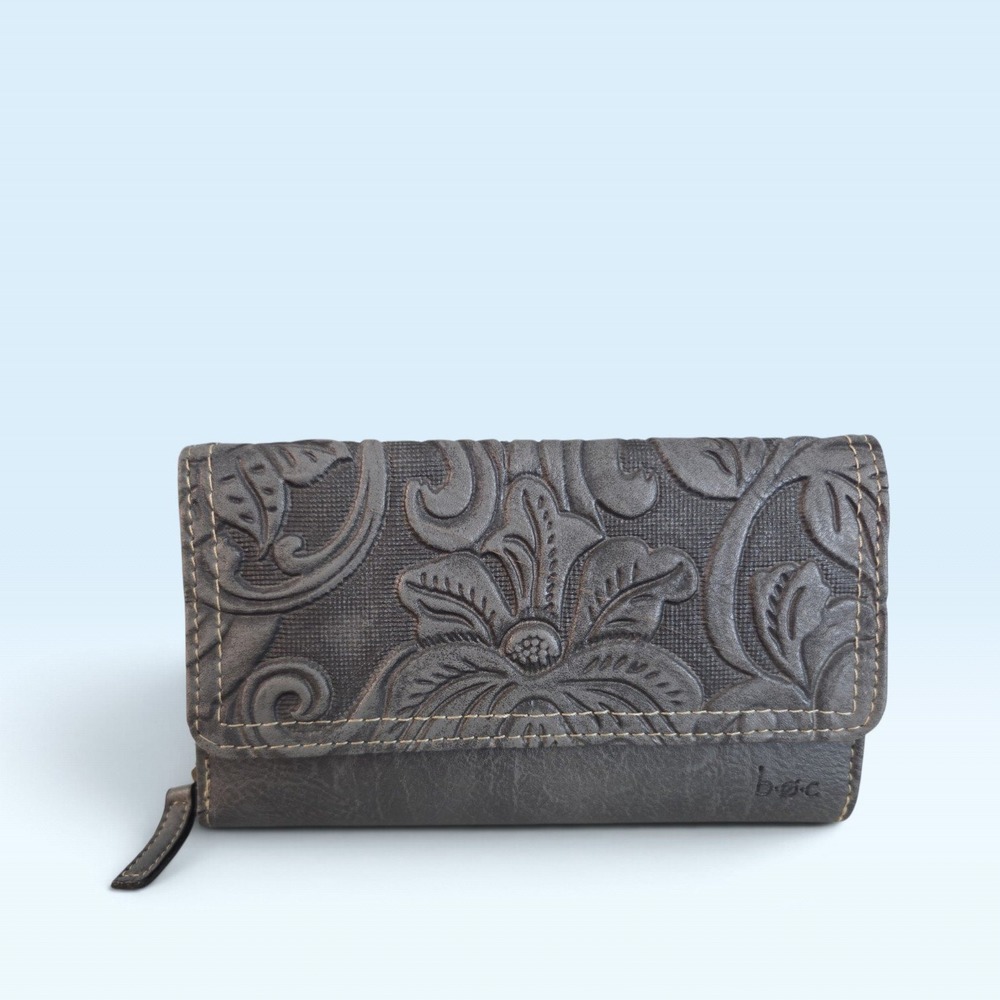 B.O.C. One Size Gray Vinyl Floral Embossed Tri-Fold Wallet